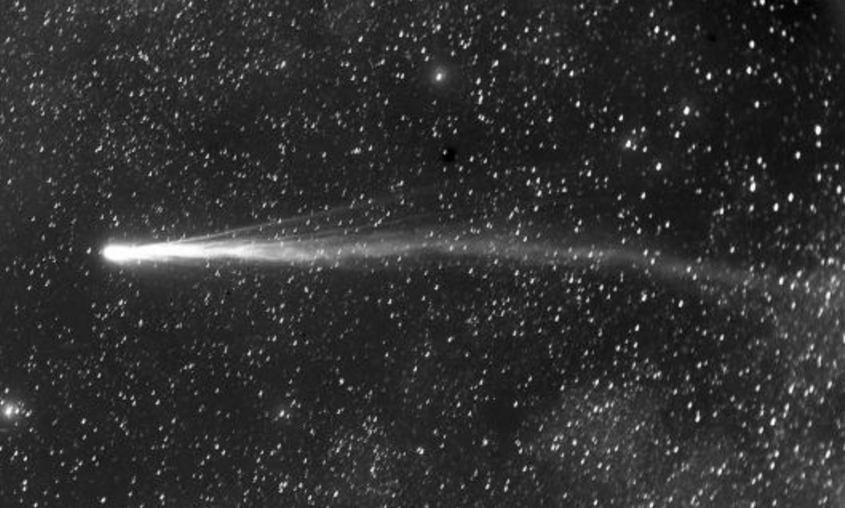 Comet Morehouse (aka 1908c) photographed by A. Estelle Glancy from Mount Hamilton using the Willard lens on the Crocker Telescope, November 14, 1908; scan from the original glass-plate negative, courtesy of UCO/Lick Observatory